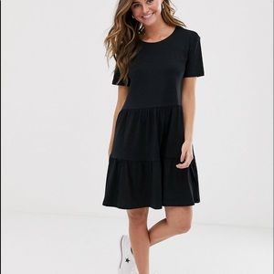 Black Cotton Smock Dress with Tiered Detail